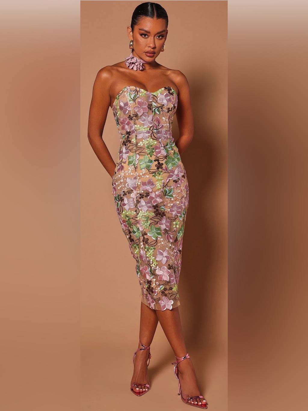 Floral Embroidered Mesh Strapless Midi Dress Xs Never Worn